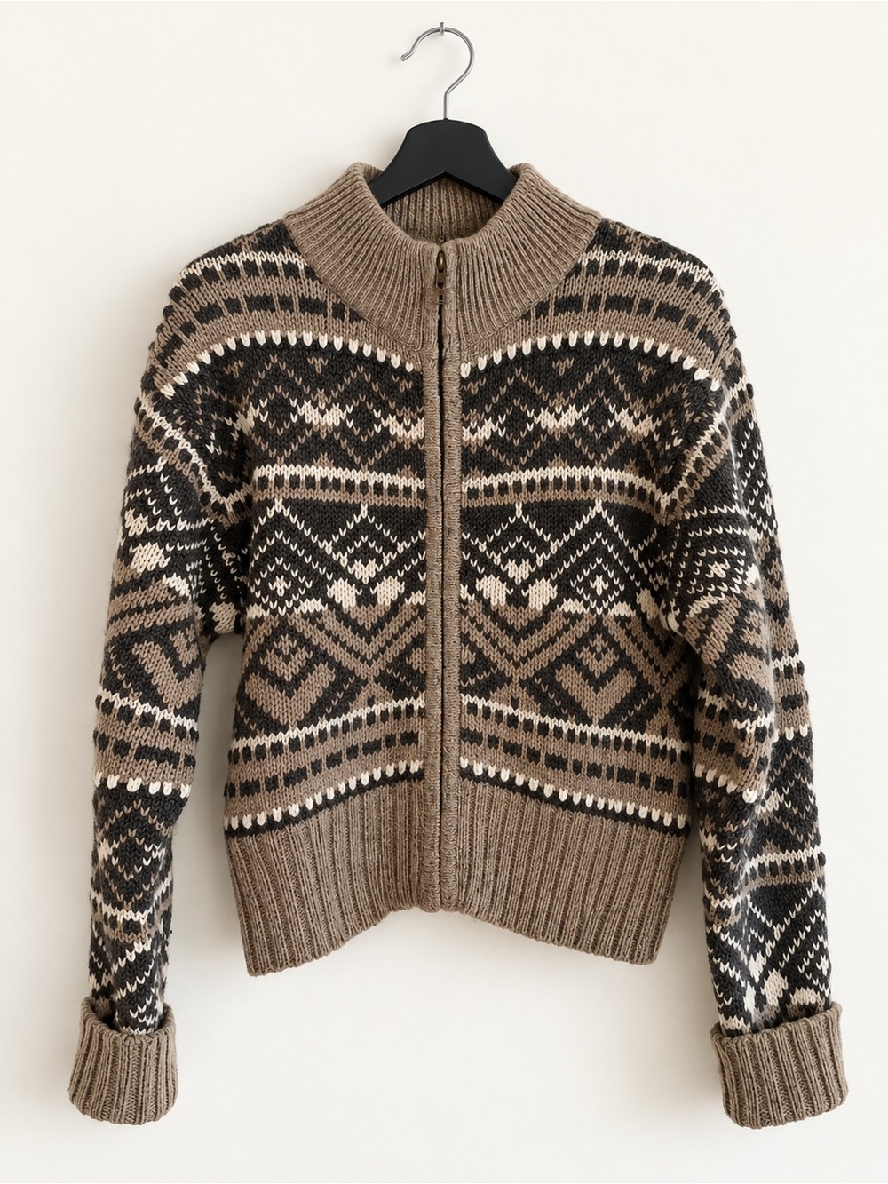 American Eagle 100% wool Women's Zip-Front Fair Isle Sweater medium